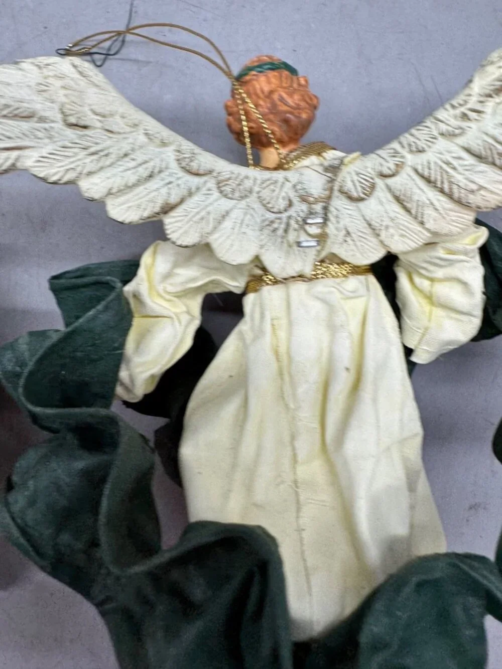 Vintage Angel Christmas Tree Ornament Set Of 2 With Green Gown Gold Accents READ